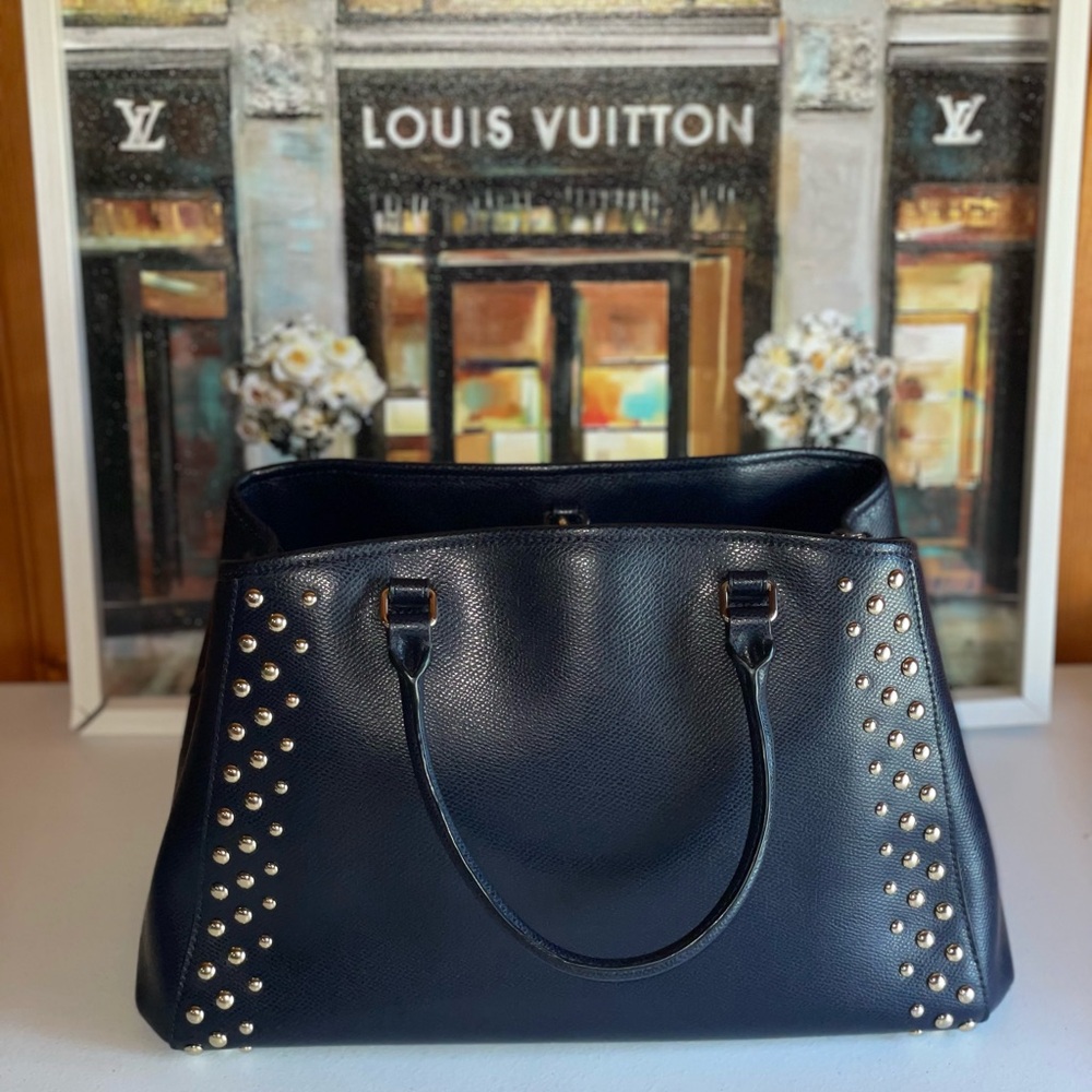 Coach Margot Carryall 27 Navy Blue Pebbled Leather Rivet Studded Tote - Picture 2 of 10
